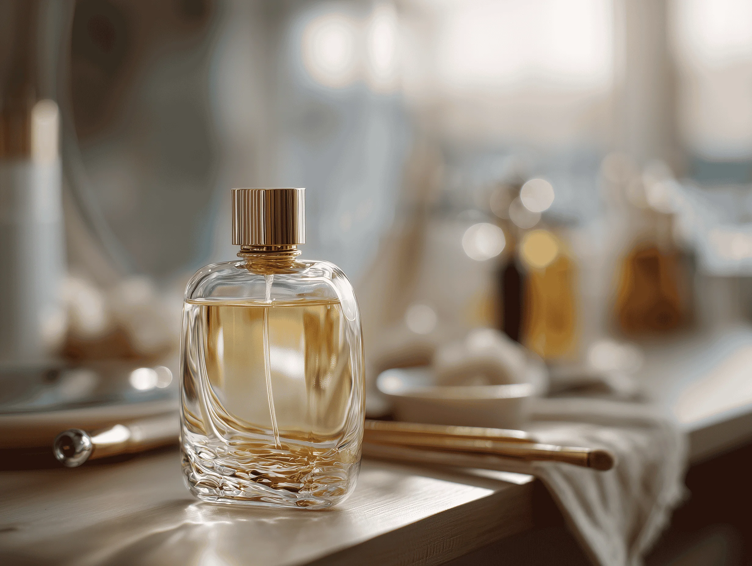 A curated display of antique perfume bottles next to modern fragrance ingredients and scientific tools